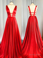 A Line V Neck Ruffles Sweep Train Elastic Woven Satin Dresses