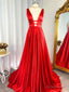 A Line V Neck Ruffles Sweep Train Elastic Woven Satin Dresses