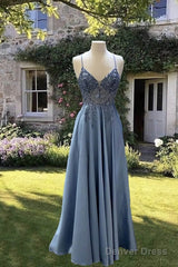A-Line V Neck Satin Beaded Gown