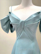 A-Line V Neck Satin Blue Long Prom Dresses, Blue Formal Evening Dresses