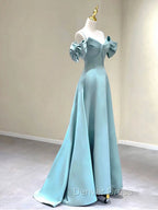 A Line V Neck Satin Blue Long Prom Dress, Blue Prom Dresses