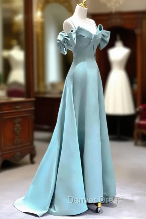 A-Line V Neck Satin Blue Long Prom Dresses, Blue Formal Evening Dresses