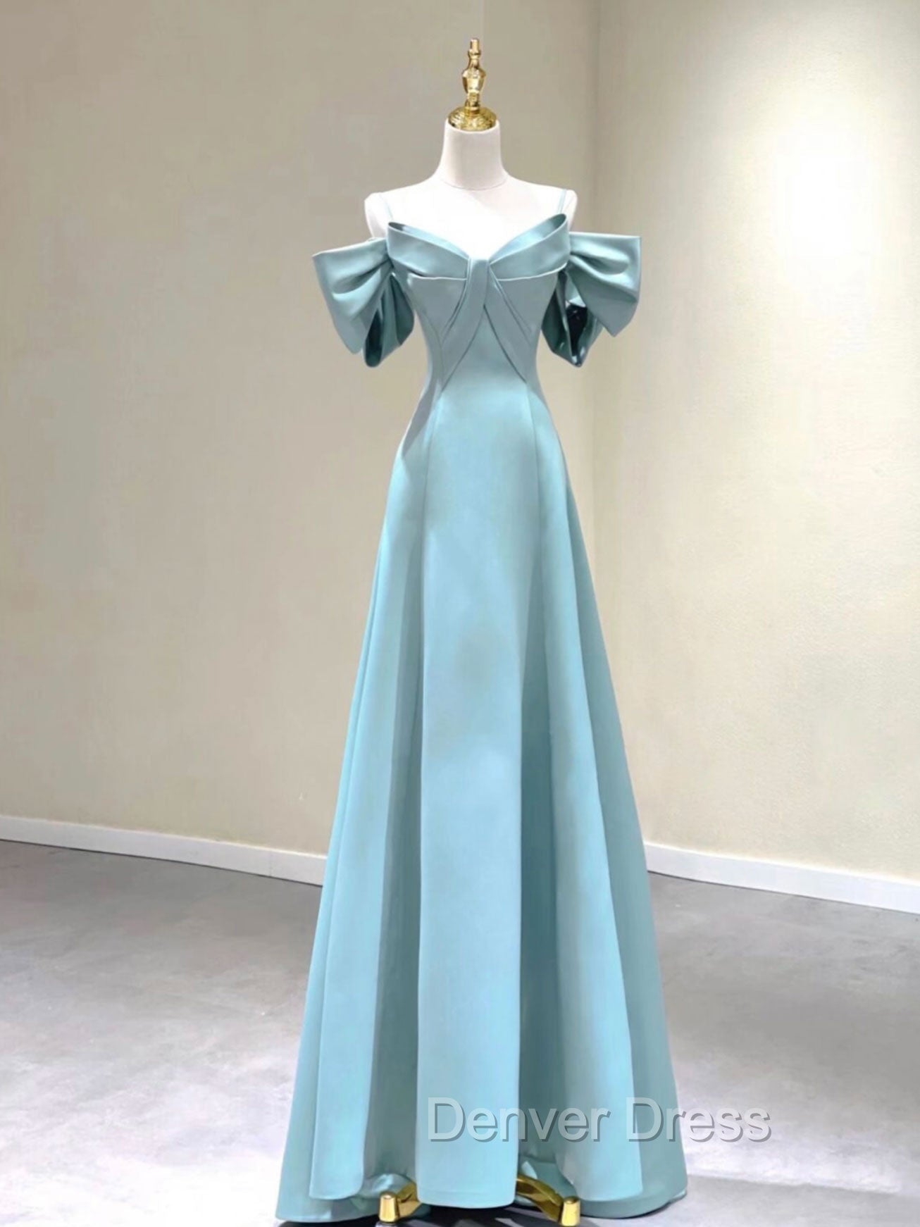 A-Line V Neck Satin Blue Long Prom Dresses, Blue Formal Evening Dresses