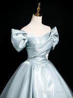 A-Line V Neck Satin Blue Long Prom Dresses, Blue Long Formal Dresses