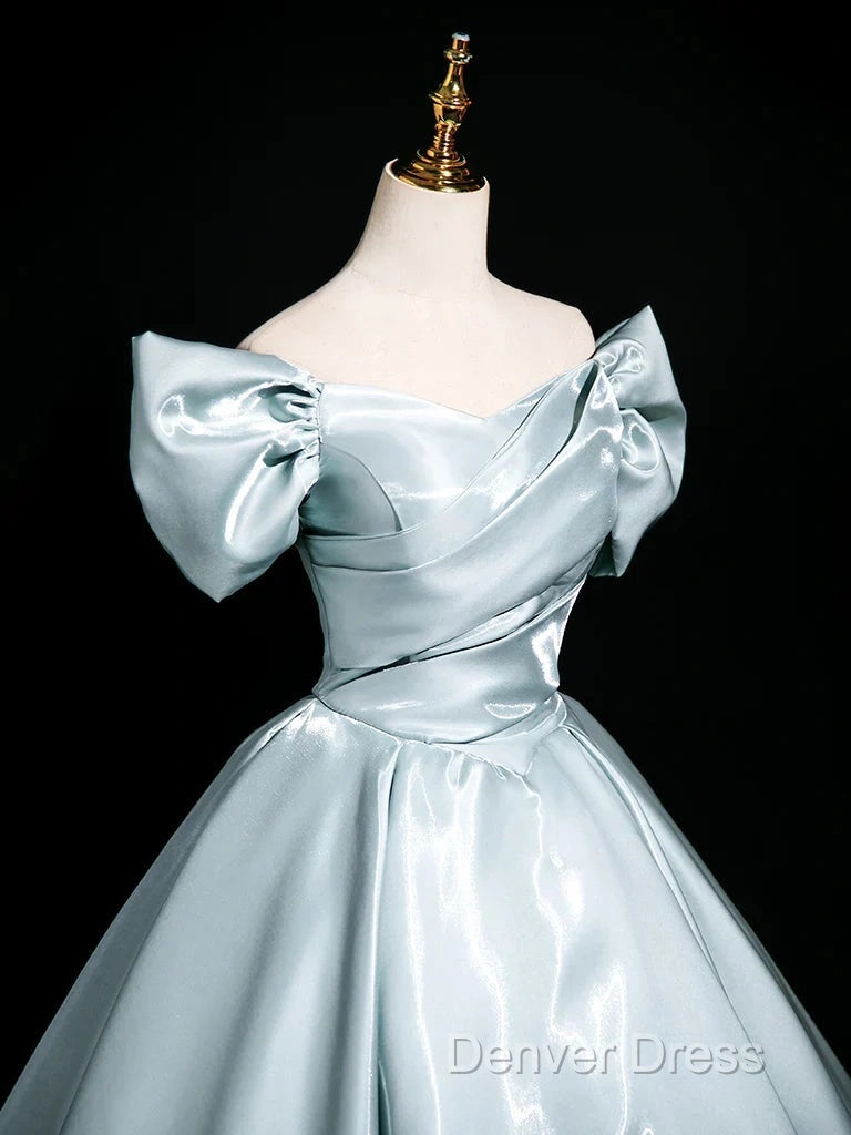 A-Line V Neck Satin Blue Long Prom Dresses, Blue Long Formal Dresses