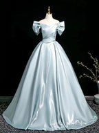 A-Line V Neck Satin Blue Long Prom Dresses, Blue Long Formal Dresses