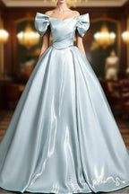 A-Line V Neck Satin Blue Long Prom Dresses, Blue Long Formal Dresses