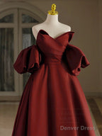 A-Line V Neck Satin Burgundy Long Prom Dress, Burgundy Long Formal Dress