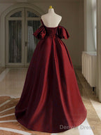 A-Line V Neck Satin Burgundy Long Prom Dress, Burgundy Long Formal Dress