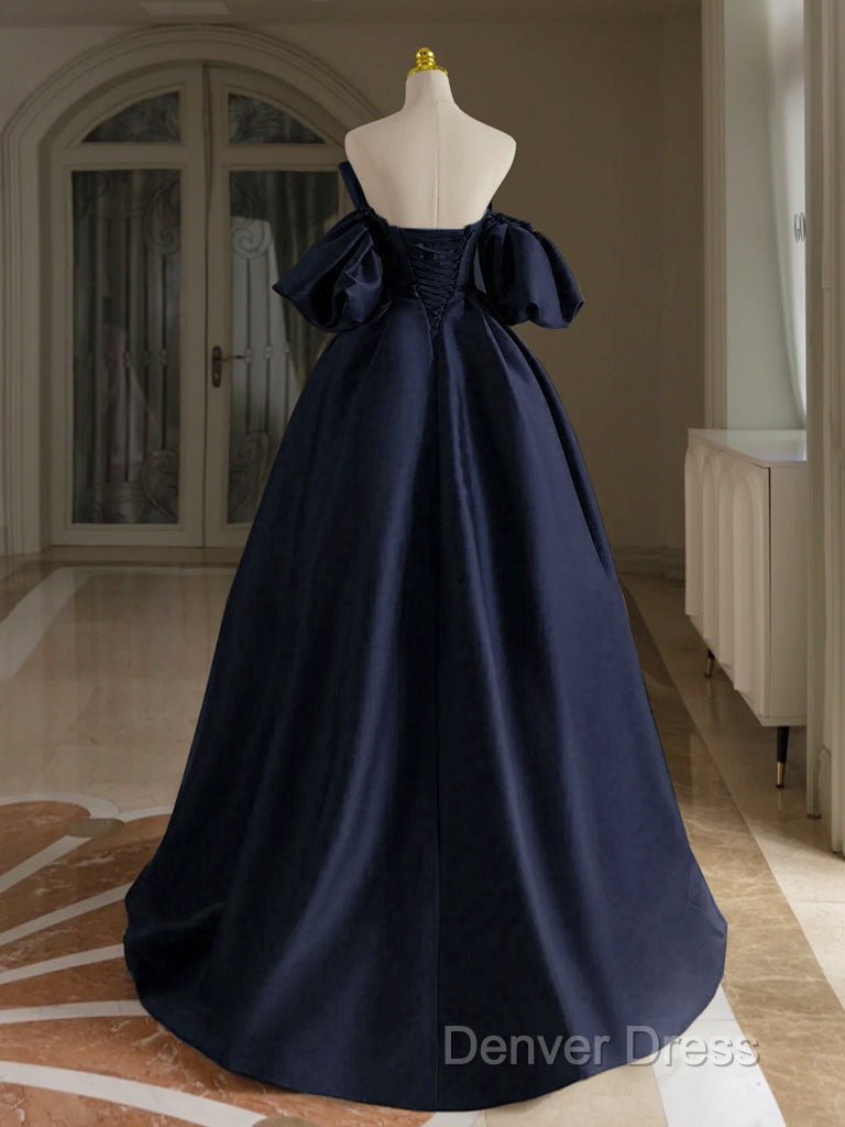 A-Line V Neck Satin Dark Blue Long Prom Dresses, Dark Blue Long Formal Dresses Secondary image