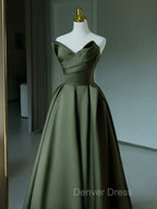 A-Line V Neck Satin Green Long Prom Dresses, Green Long Evening Dresses
