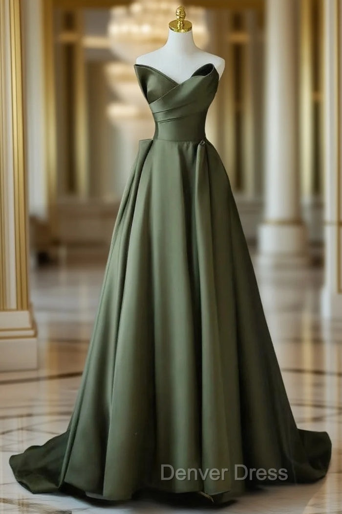 A-Line V Neck Satin Green Long Prom Dresses, Green Long Evening Dresses Main image