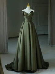 A-Line V Neck Satin Green Long Prom Dress, Green Long Evening Dress