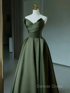 A-Line V Neck Satin Green Long Prom Dresses, Green Long Formal Dresses