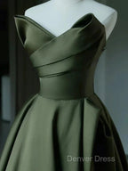 A Line V Neck Satin Green Long Prom Dress, Green Long Prom Dresses