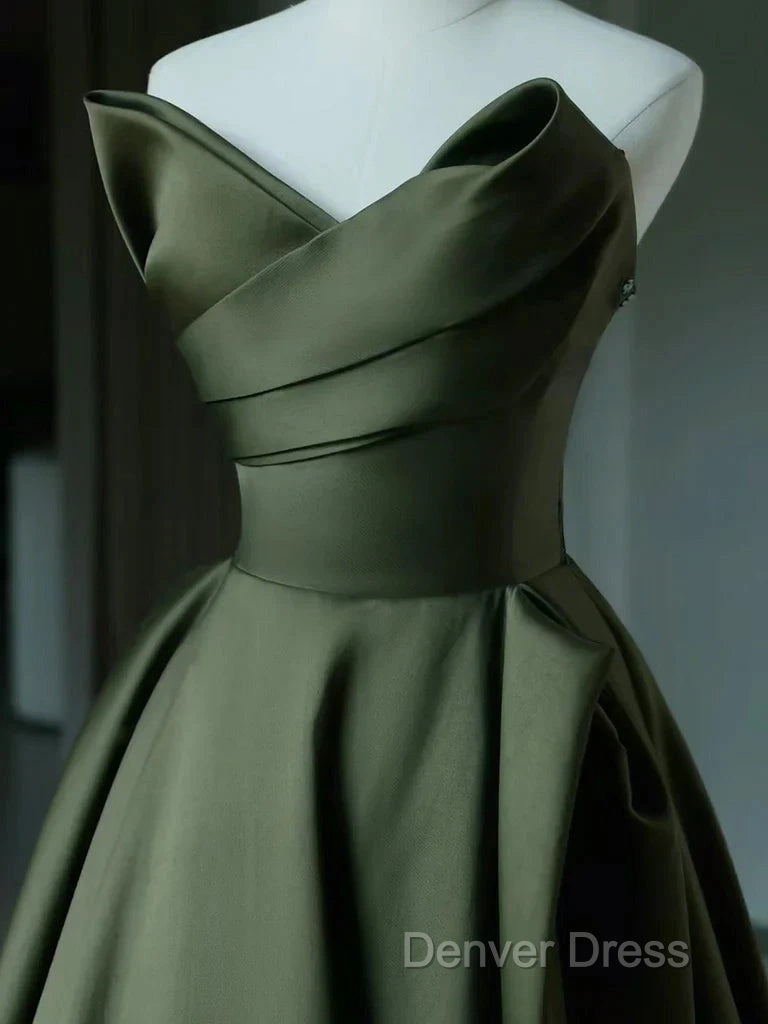 A Line V Neck Satin Green Long Prom Dress, Green Long Prom Dresses