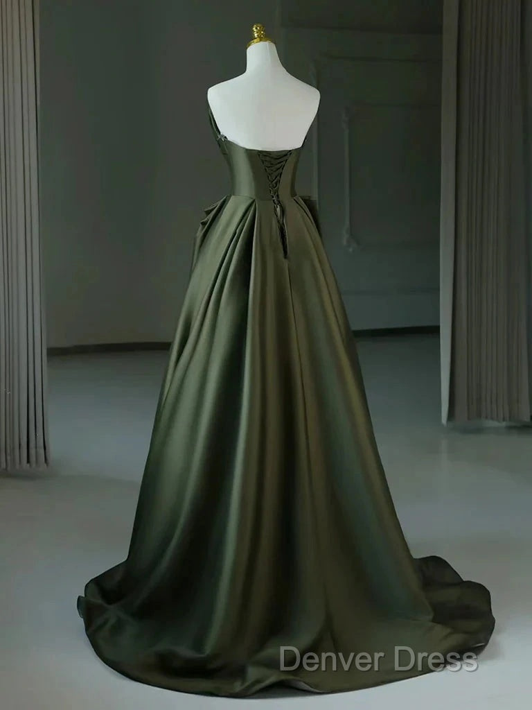 A-Line V Neck Satin Green Long Prom Dresses, Green Long Formal Dresses