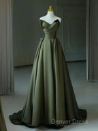 A-Line V Neck Satin Green Long Prom Dresses, Green Long Formal Dresses