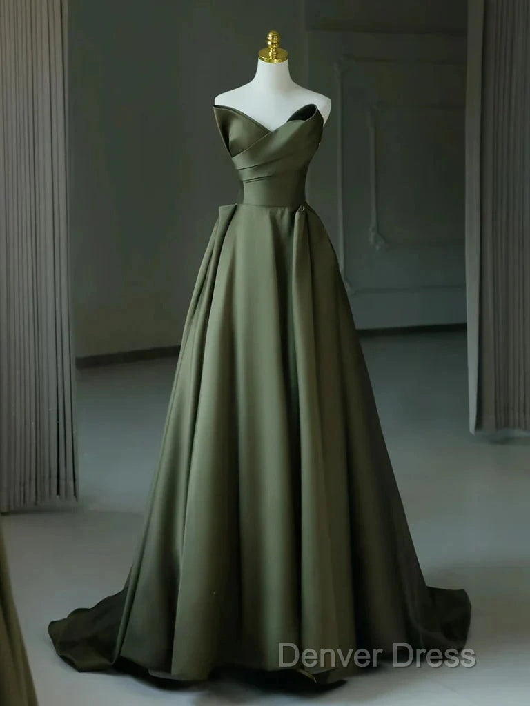 A-Line V Neck Satin Green Long Prom Dresses, Green Long Formal Dresses