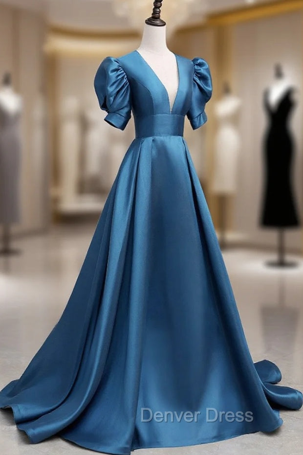 A-Line V Neck Satin Long Prom Dresses, Blue Satin Long Evening Dresses Secondary image