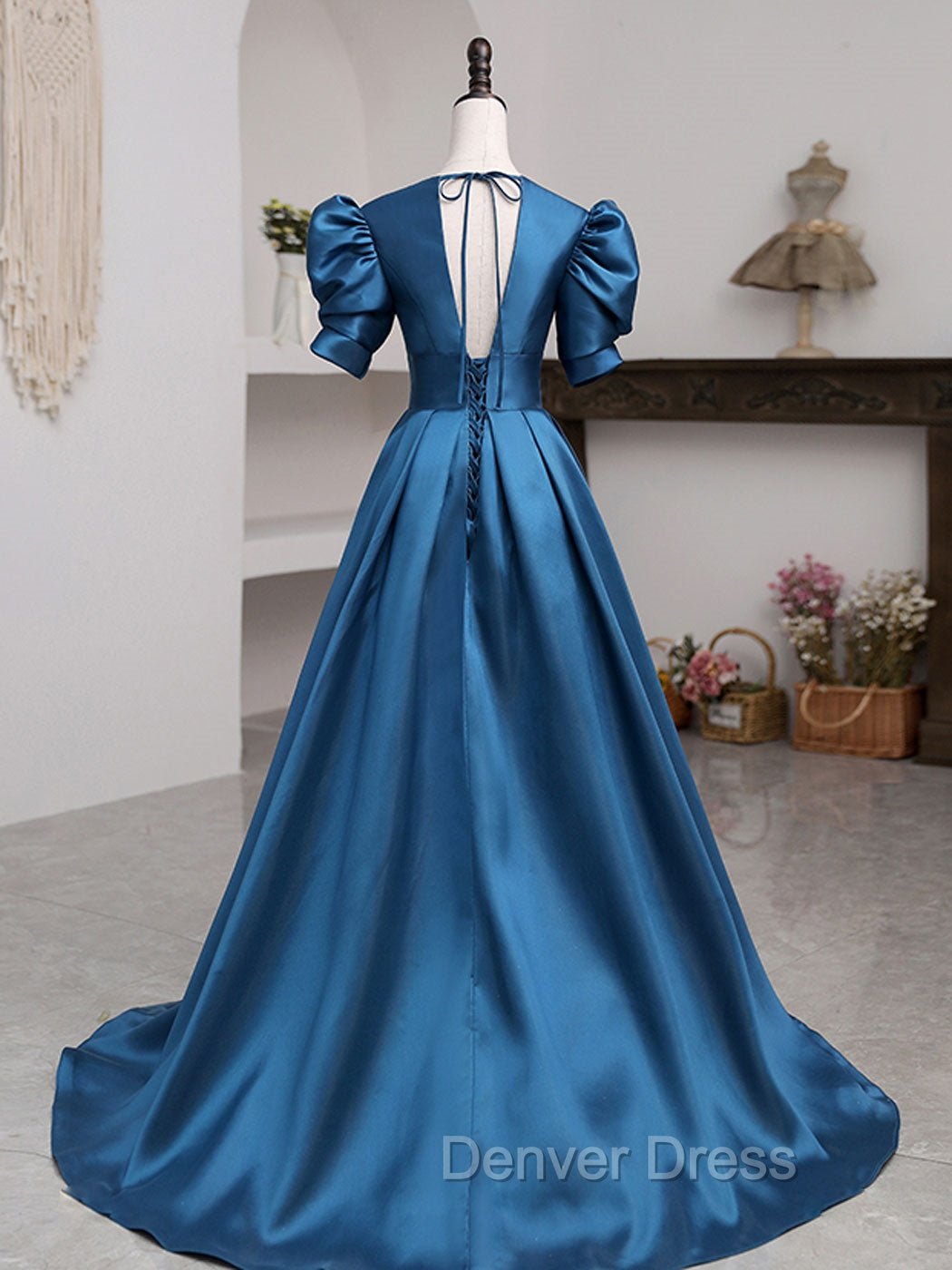 A Line V Neck Satin Long Prom Dress, Blue Satin Long Prom Dresses