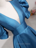 A Line V Neck Satin Long Prom Dress, Blue Satin Long Prom Dresses