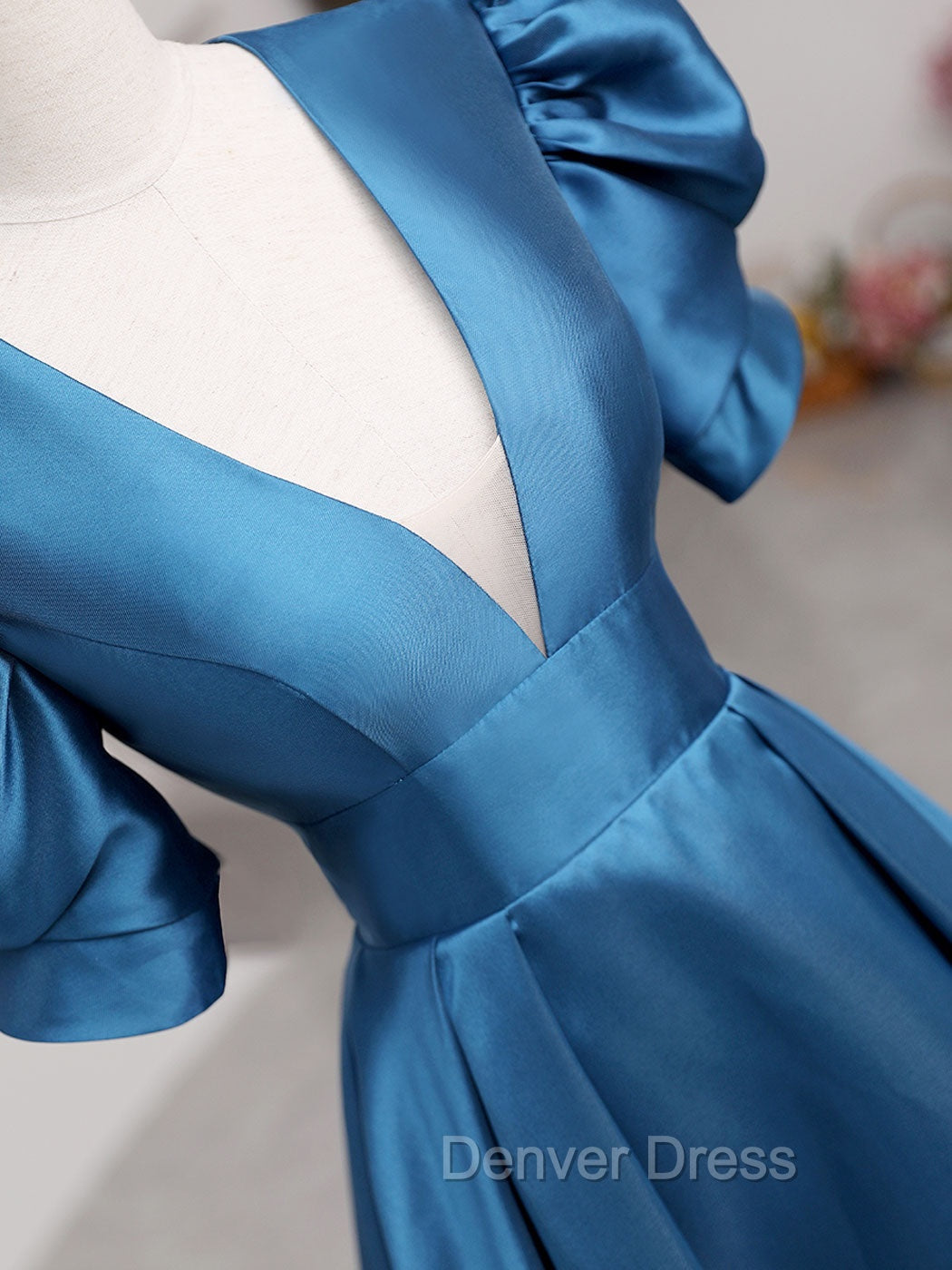 A Line V Neck Satin Long Prom Dress, Blue Satin Long Prom Dresses