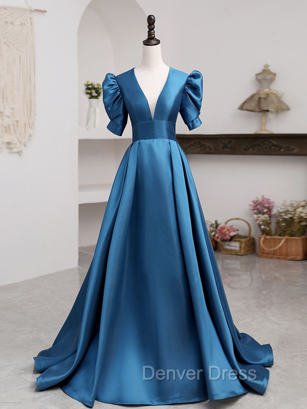 A Line V Neck Satin Long Prom Dress, Blue Satin Long Prom Dresses
