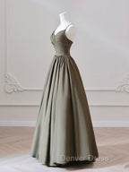 A Line V Neck Satin Olive Green Long Prom Dress, Olive Green Long Prom Dresses