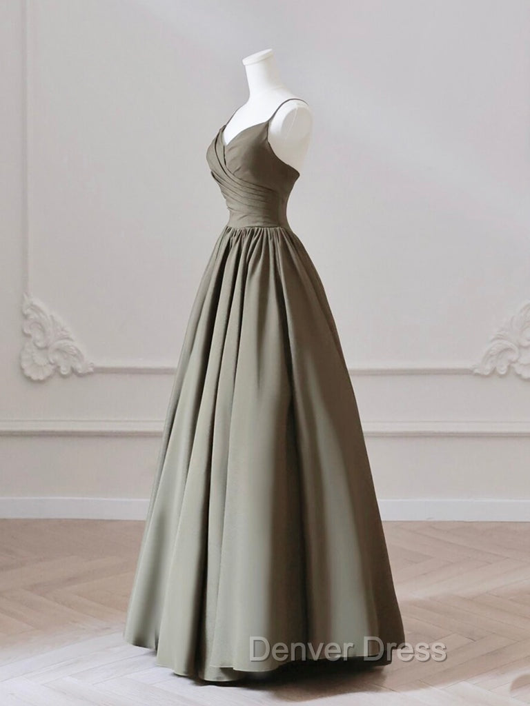 A Line V Neck Satin Olive Green Long Prom Dress, Olive Green Long Prom Dresses