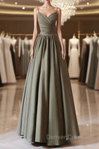A-Line V Neck Satin Olive Green Long Prom Dresses, Olive Green Long Formal Dresses