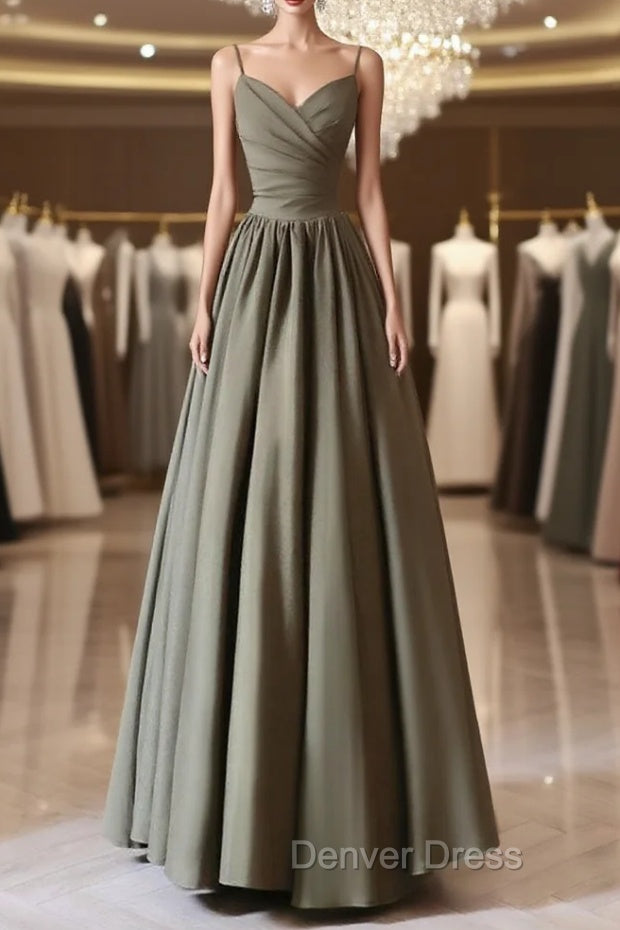 A-Line V Neck Satin Olive Green Long Prom Dresses, Olive Green Long Formal Dresses