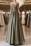 A-Line V Neck Satin Olive Green Long Prom Dresses, Olive Green Long Formal Dresses