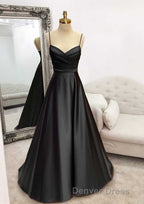 A Line Sweetheart Spaghetti Straps Satin Long Prom Dresses with Pleated