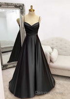 A-line Sweetheart Spaghetti Straps Satin Long Prom Dresses with Pleated