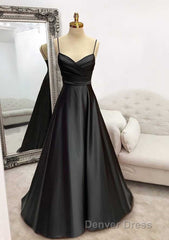 A-line Sweetheart Spaghetti Straps Satin Long Prom Dresses with Pleated