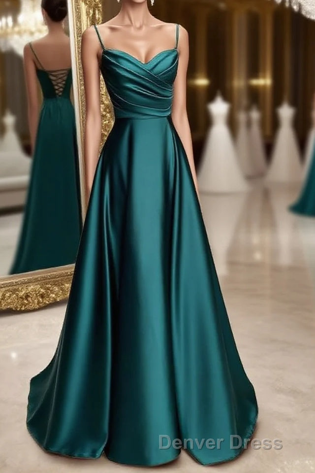 A Line Sweetheart Spaghetti Straps Satin Long Prom Dresses with Pleated Main image