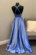 A-Line V Neck Satin Unique Long Prom Dresses Formal Gowns