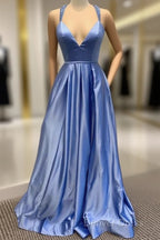 A-Line V Neck Satin Unique Long Prom Dresses Formal Gowns