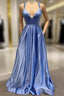 A-Line V Neck Satin Unique Long Prom Dresses Formal Gowns