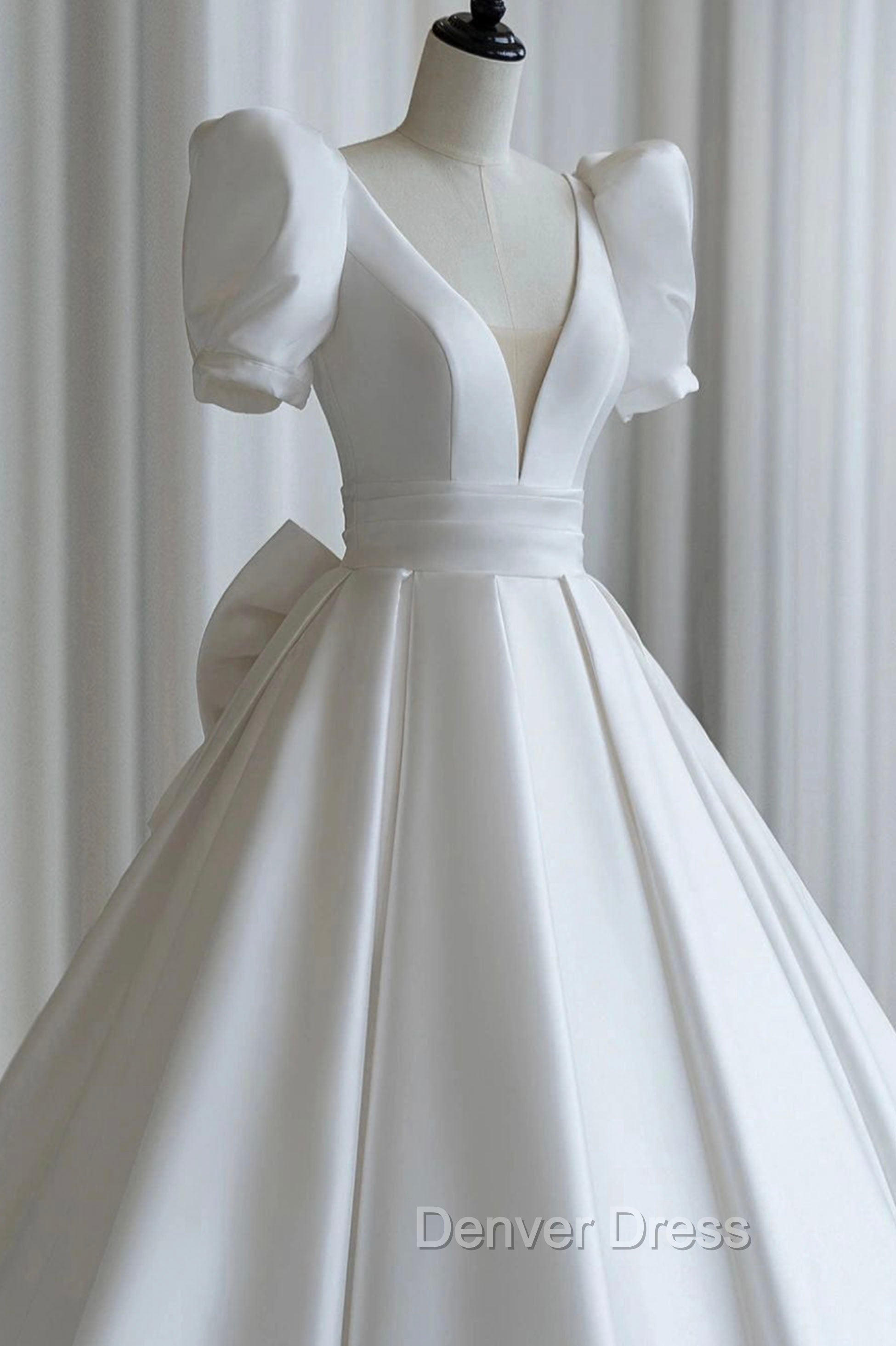 A-Line V-Neck Satin Wedding Dress, White Short Sleeve Bridal Gown with A-Line V-Neck Satin Wedding Dress, White Short Sleeve Bridal Gown with