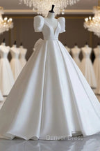 A-Line V-Neck Satin Wedding Dresses, White Short Sleeve Bridal Gown with Bow