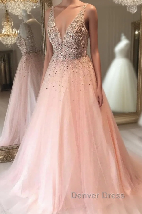 A Line V Neck Sequins Pink Long Prom Dress, Pink Prom Graduation Prom Dresses Main image