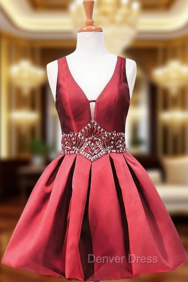 A Line V Neck Sheer Back Beaded Crystals Homecoming Dresses Main image