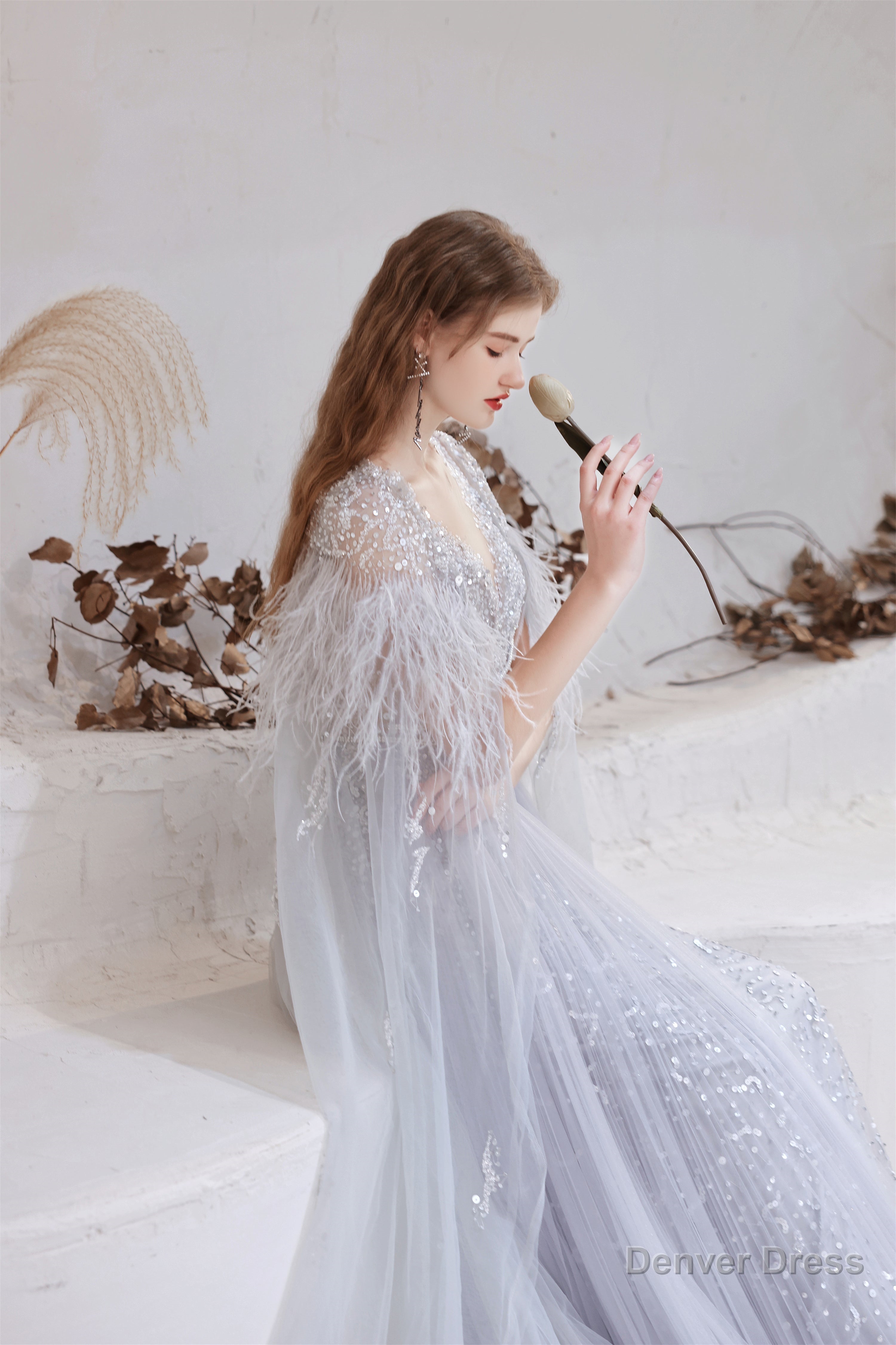 A Line V Neck Shiny Sequin Beaded Prom Dresses