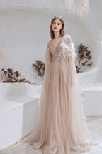 A Line V Neck Shiny Sequin Beaded Prom Dresses