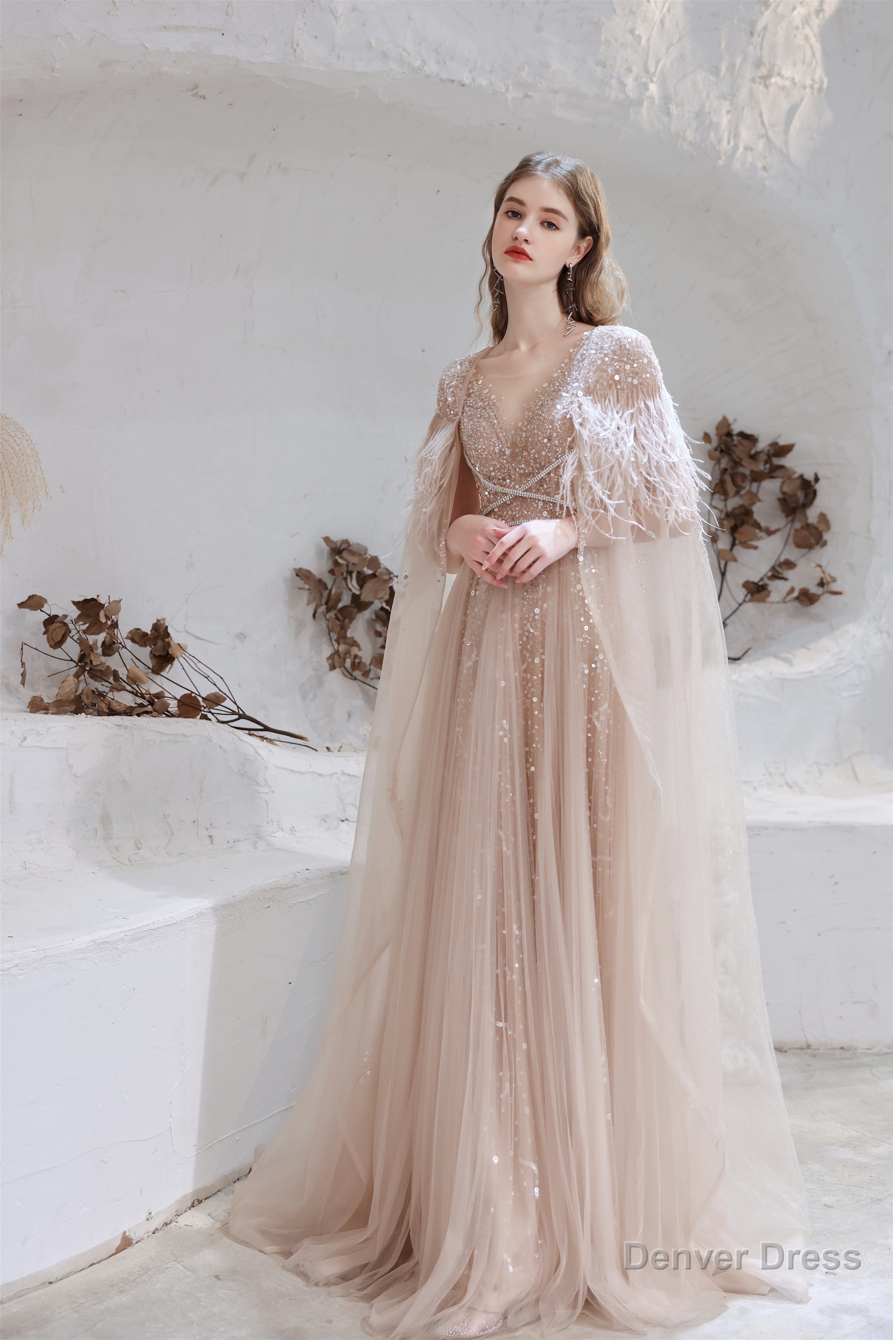 A Line V Neck Shiny Sequin Beaded Prom Dresses