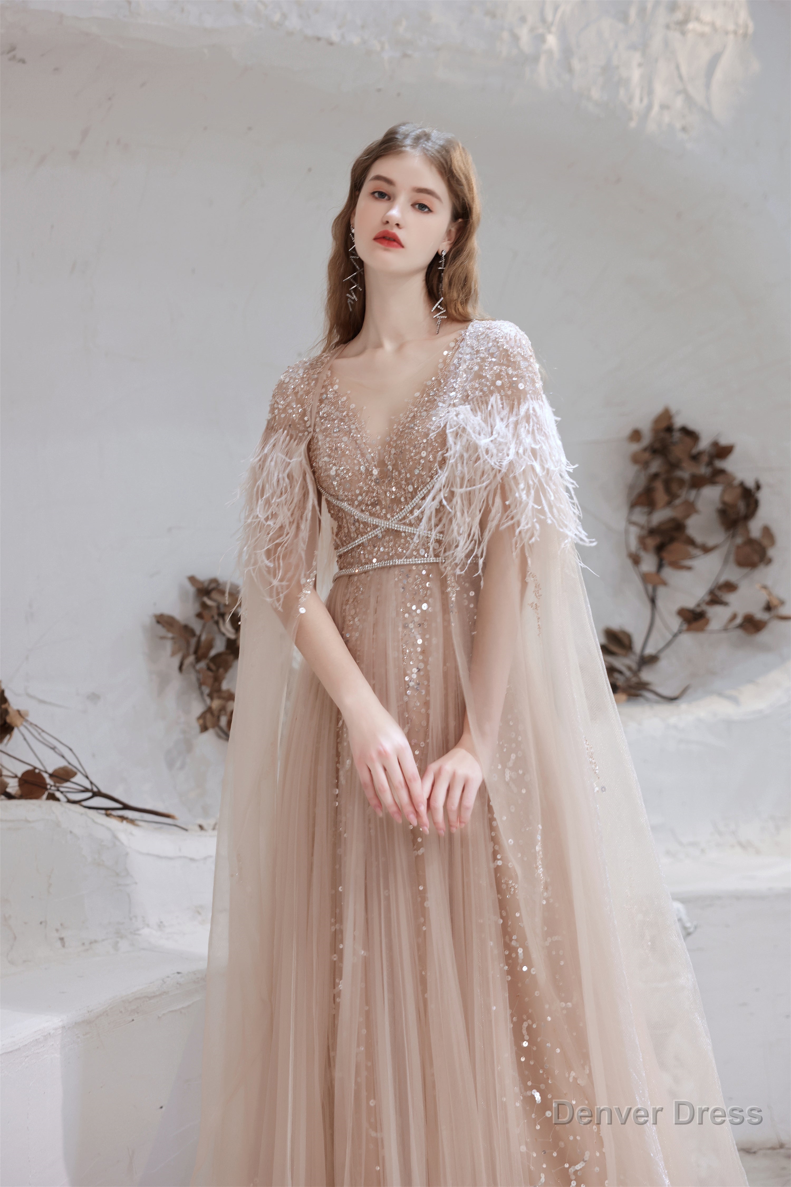 A Line V Neck Shiny Sequin Beaded Prom Dresses