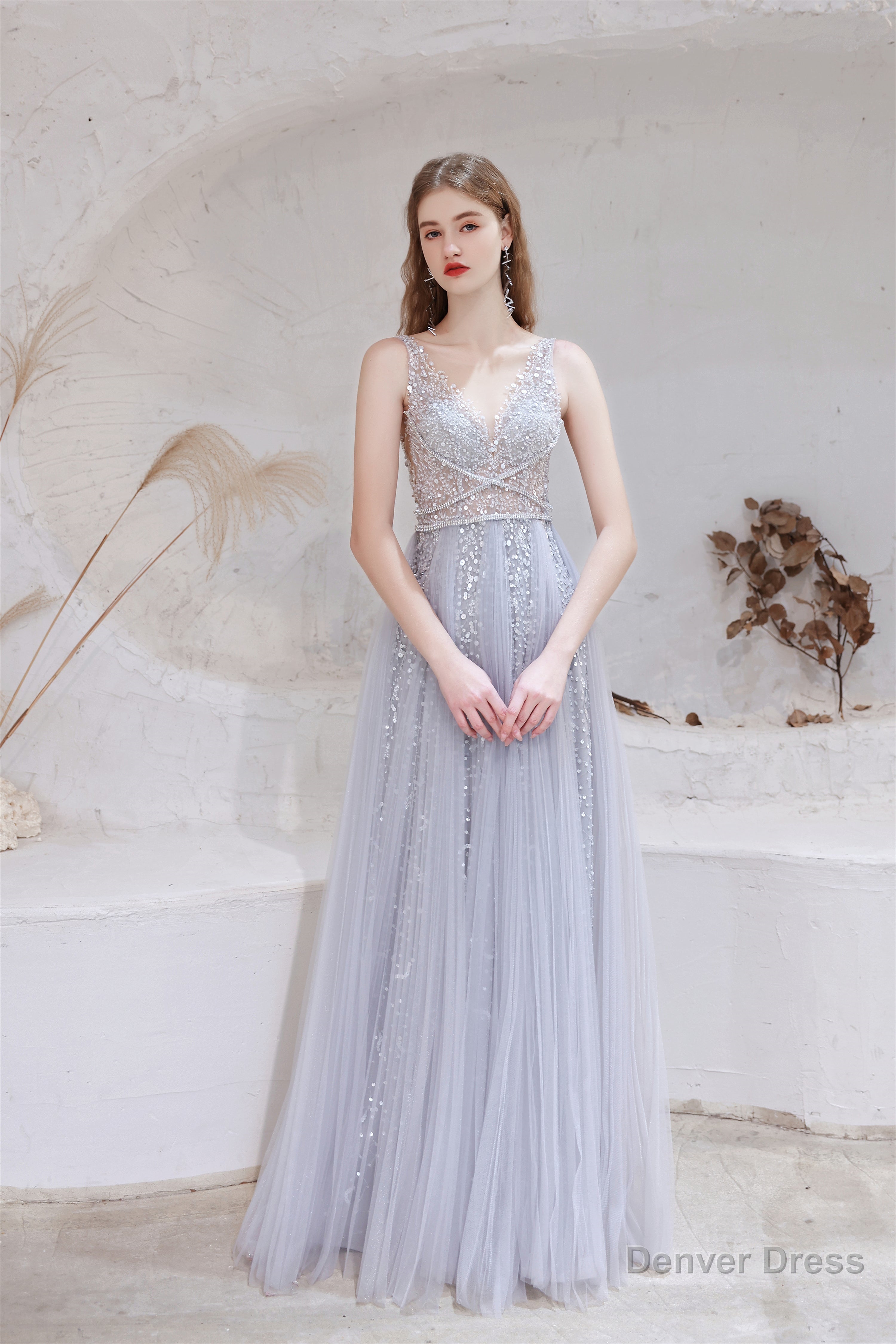 A Line V Neck Shiny Sequin Beaded Prom Dresses