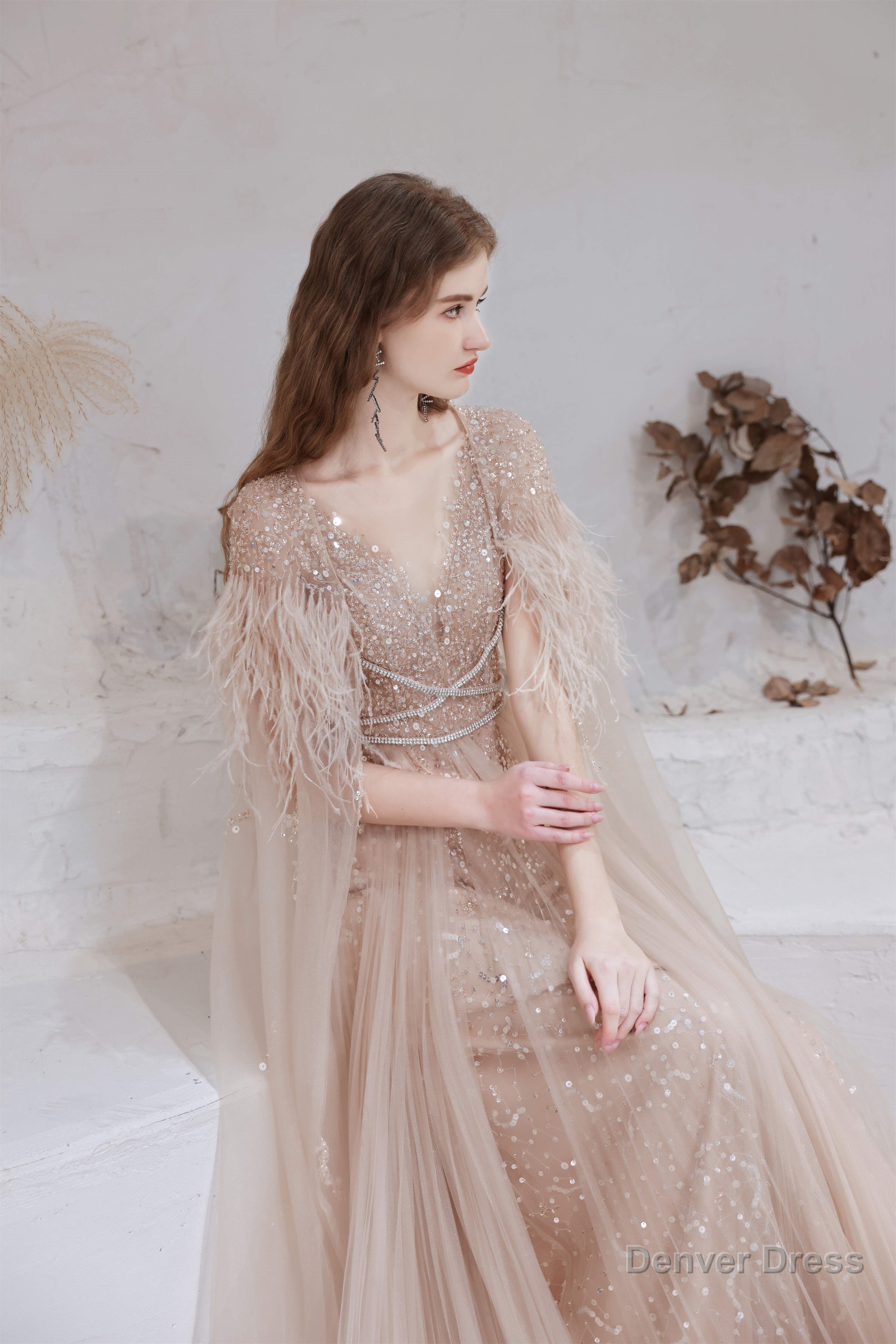 A Line V Neck Shiny Sequin Beaded Prom Dresses